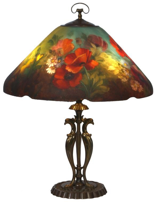 Eighteen-inch. Handel reverse painted floral poppy table lamp with conical shade (est. $30,000-$50,000). Image courtesy of Fontaine's Auction Gallery.